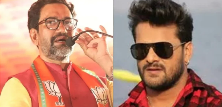 भोजपुरी अभिनेता खेसारी लाल यादव का बयान देते हुए भावुक और आक्रामक अंदाज़, बीजेपी सांसद निरहुआ के बयान पर प्रतिक्रिया से जुड़ी तस्वीर.